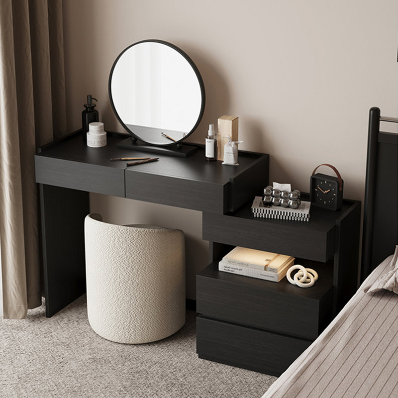 Petite table de coiffeuse intégrée minimaliste avec miroir, grain de bois de chêne noir