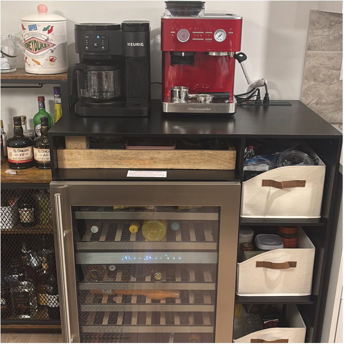 Mini Fridge Cabinet With Storage, Coffee Bar Cabinet With Power Outlet, Fits 24" Wine Fridge, 3-tier Organizer, Refrigerator Stand For Kitchen, Apartment, Or Home Bar Black A36E675A298A4AC1A0E9B939172D8116 - Black
