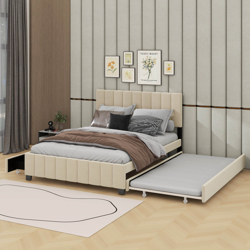 Grand lit plateforme tapissier en velours avec tiroirs et lit gigogne, Beige
