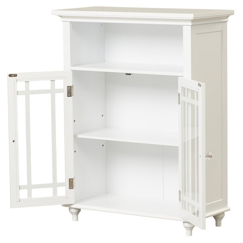 Freestanding Two-Door Floor Bathroom Storage Acent Cabinet with Glass Panels and Open Shelf, White