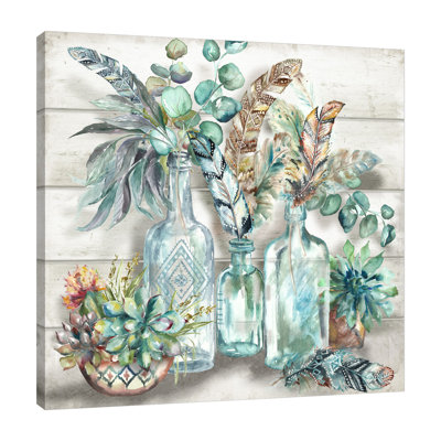 Bohemiam Tribal Feathers in Vintage Glass Bottle 1 Piece Wrapped Canvas Wall Art