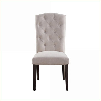 Gerardo Set of 2 Beige Linen Armless Dining Chairs for Adults, Weathered Dark Brown Wooden Legs
