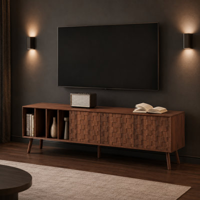 Meuble télé de style Mid-Century moderne avec meuble télé et centre de divertissement convenant aux téléviseurs de 75 po ou moins, équipé de pieds robustes en bois massif, d'armoires fermées dissimulées, de compartiments de rangement ouverts, de trous de gestion des câbles et de charnières à fermeture en douceur