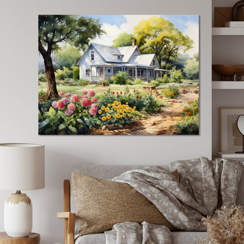 Farmhouse Frontyard Oasis I - Décoration murale de ferme, H 16 po x l 32 po x P 1 po, Toile tendue