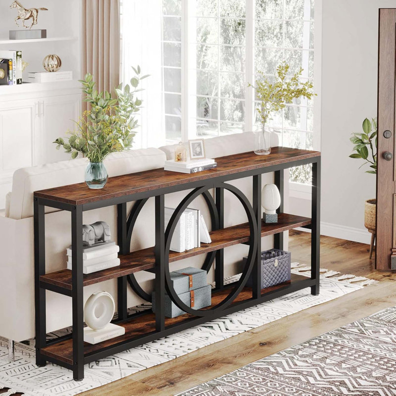 Console rustique très longue à 3 niveaux avec cadre circulaire unique pour le rangement et la présentation