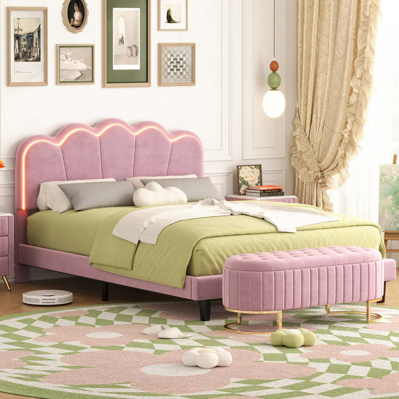 Ensemble de chambre à coucher 2 pièces lit plateforme tapissier avec repose-pieds en velours, Grand lit