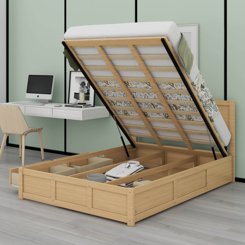 Lit plateforme en bois avec tête de lit et rangement inférieur et 2 tiroirs, structure en bois massif et lattes, Lit double
