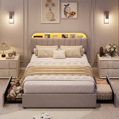 Cadre de lit grand en velours avec tiroirs de rangement, tête de lit bibliothèque, lumières DEL, silencieux, assemblage facile, idéal pour les enfants ou les adolescents, aucun sommier nécessaire - gris, grand