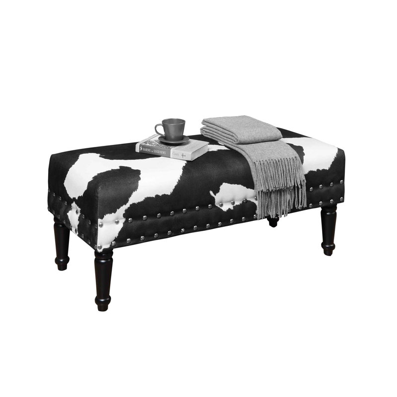 Daisy Upholstered Bench, Black Cow Print Fabric