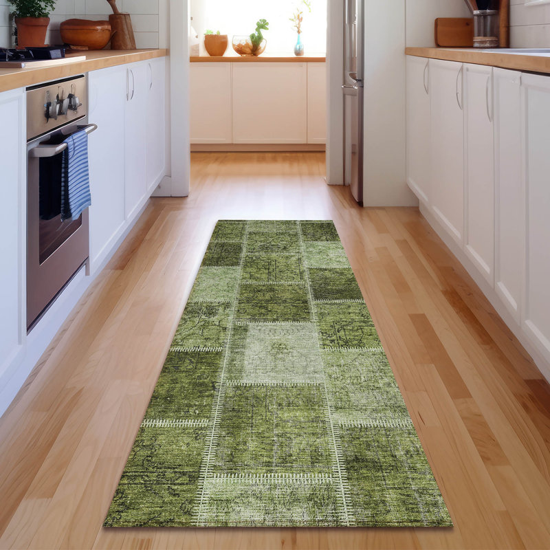 Tapis olive Prisco lavable à la machine de qualité supérieure, Tapis de couloir 2 pi 3 po x 7 pi 6 po