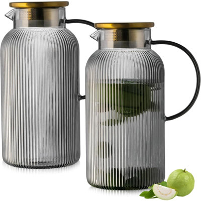 2 PACK Glass Pitcher With Lid, 68 Oz/ 2 Liter Amber Classic Vertical Stripes Water Pitcher,Glass Water  For Cold Brew, Coffee, Lemonade, Iced Tea,Beverage, Heat Resistant Water Glass Jug
