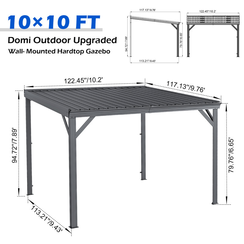 Patio Gazebo Lean to Wall Mounted Pergola with Sloping Galvanized Steel Roof, 94.68" H x 120" W x 120" D, Gray