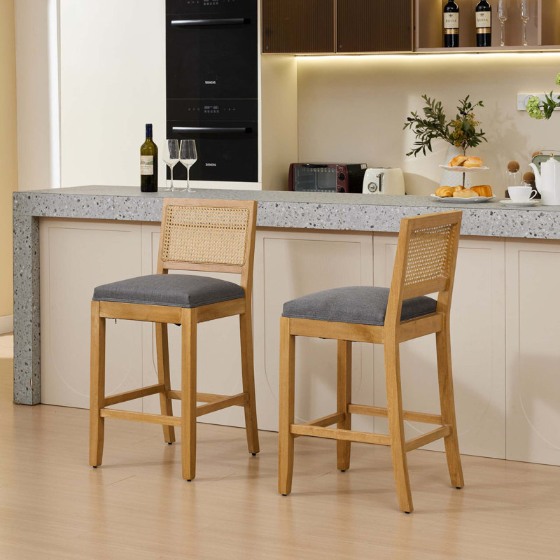 Full Solid Wood Rattan-Back Bar Stool, Matte Linen Cushion with High-Resilience Foam & S-Springs,Set of 2, Gray