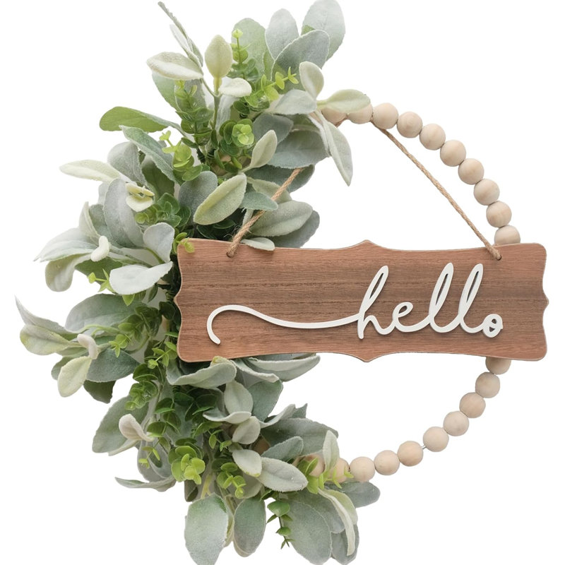 Couronne de porte verte avec perles en bois et feuilles d’oreille d’agneau artificiel, décor de bienvenue Hello