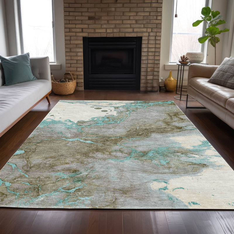 Machine Washable Indoor/Outdoor Xhevrie Teal Rug, Rectangle 10' x 14'