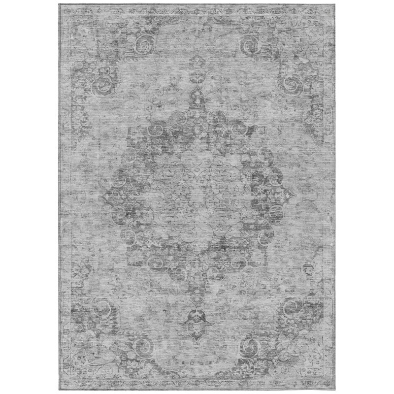 3' X 5' Silver Floral Medallion Washable Indoor Outdoor Area Rug