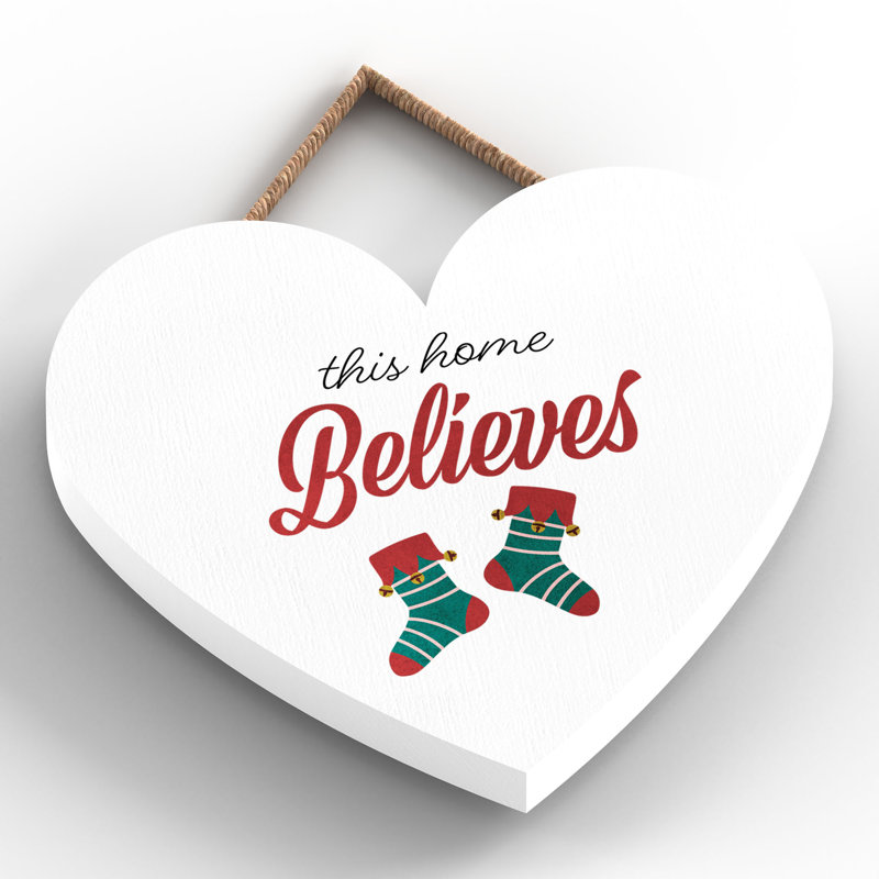 Xmas This Home Believes Stockings Wooden Heart Plaque, 10cm H x 9cm W x 0.5cm D