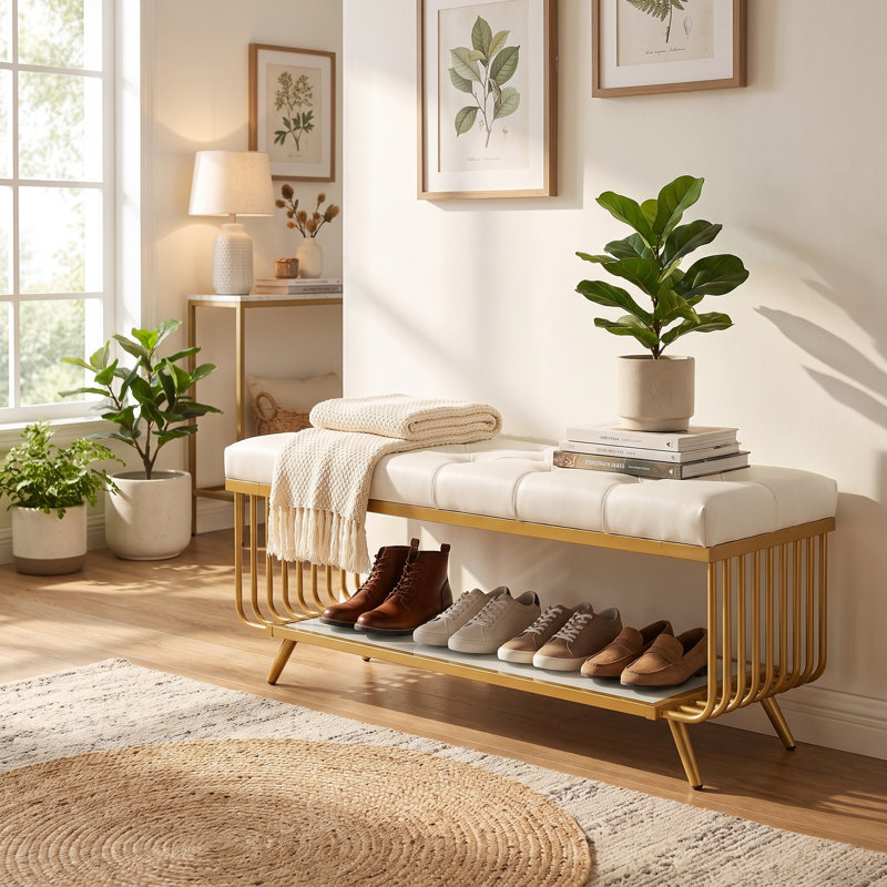 Banc à chaussures d'entrée rembourré de 120 cm (47,24 po), banc de rangement pour chaussures avec structure en métal doré, coussin capitonné en PU et tablette inférieure