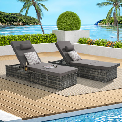 Outdoor Chaise Lounge Chair Set Of 2 With Storage Patio Pool Lounge Chairs Outdoor Lounger Beach Rattan Recliners