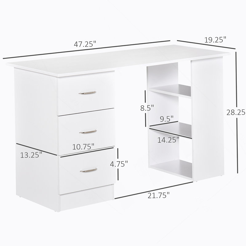 Poste de travail d'ordinateur avec 3 tiroirs et tablette de rangement - blanc