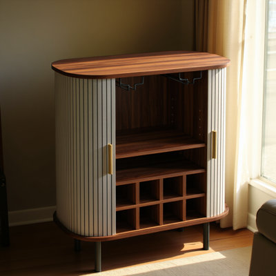 Fluted wine bar cabinet 28'' with 8-grid wine rack, 5 adjustable shelves, 2 glass holders, sliding tambour doors, 4 hidden side spaces, white
