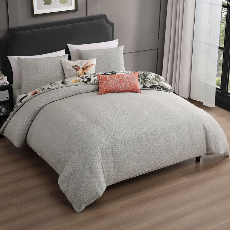 Bebejan Vintage Bloom 100% Cotton Sateen 5 Piece Reversible Comforter Set, King Comforter + 2 King Shams + 2 Throw Pillows