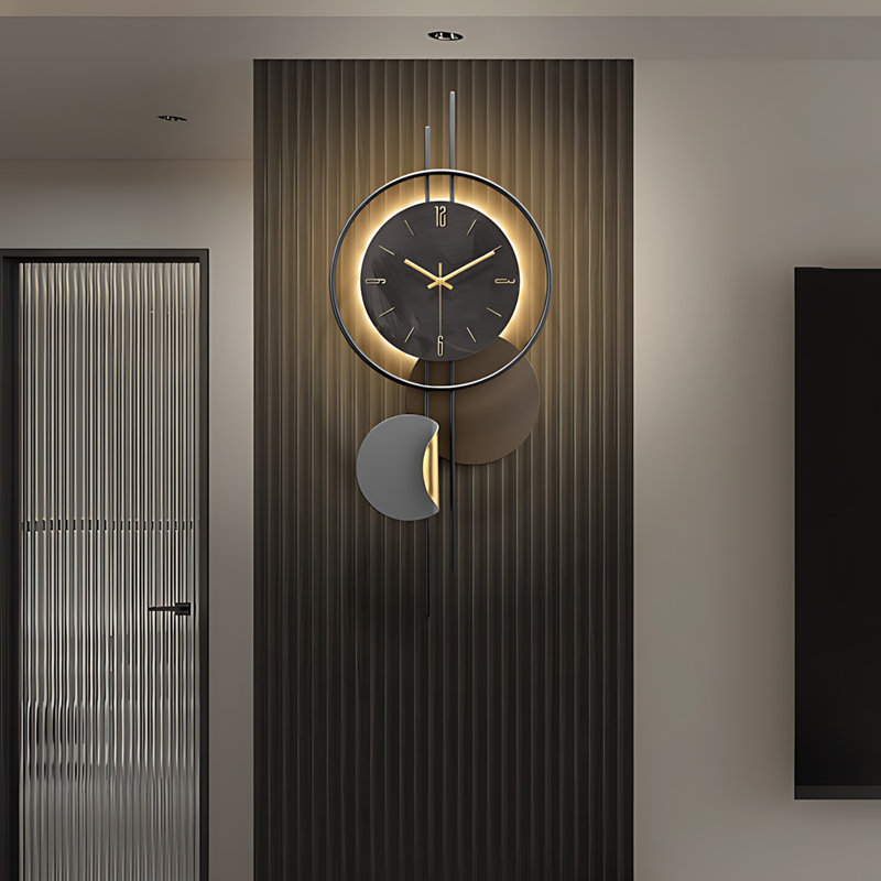 Horloge murale de luxe moderne minimaliste de 24 pouces pour le salon avec fond à lattes de bois et mouvement à quartz silencieux