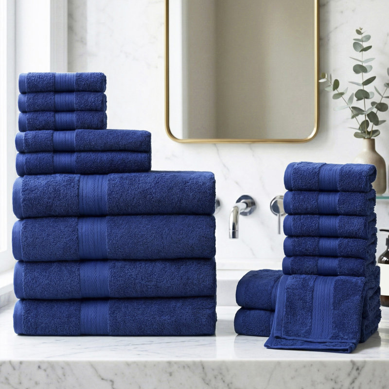 Ensemble de serviettes 100% coton doux et épais Como, Bleu marine, Ensemble de serviettes 18 pièces