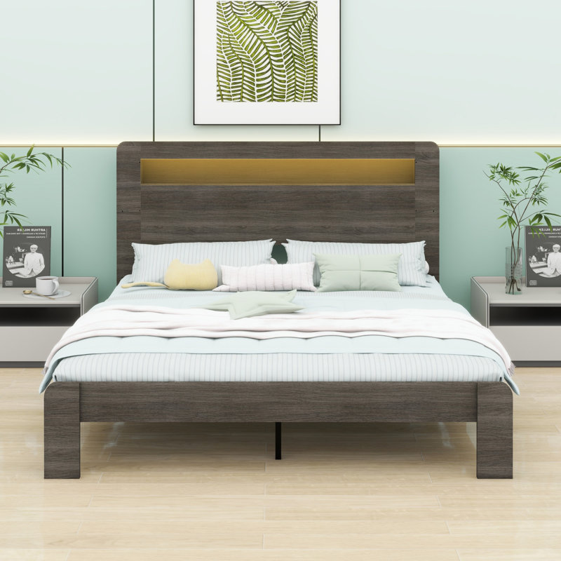 Structure de lit plateforme avec tête de lit à DEL avec rangement et 2 USB, grand rangement sous le lit, Grand, Gris foncé