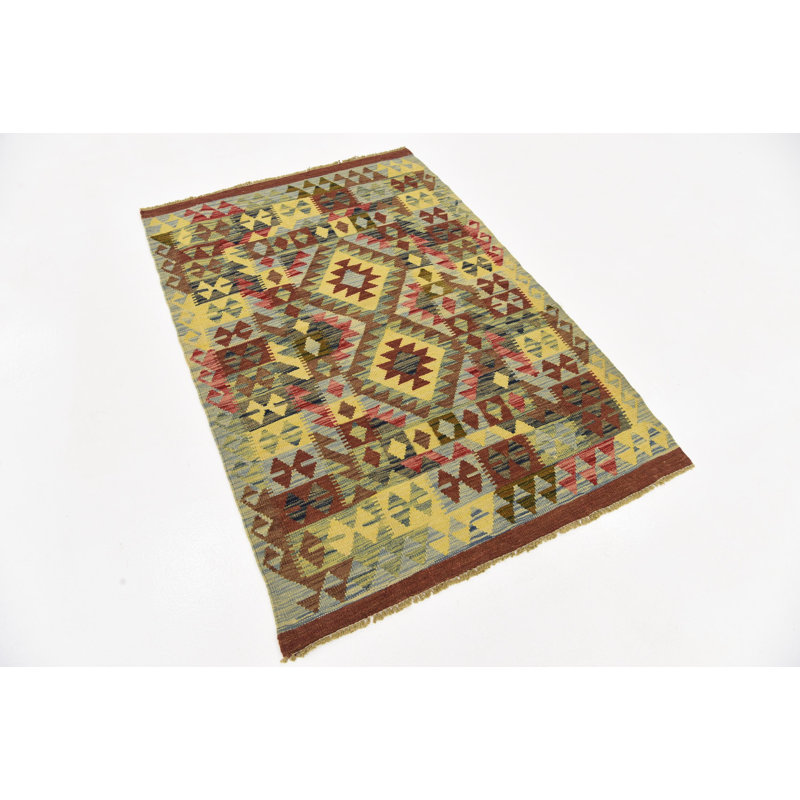 Tapis de zone en laine beige/vert 3 pi 5 po x 5 pi one-of-kind à la main noué la Doorfield