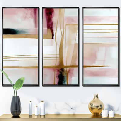 Abstrait géométrique géométrique rose et rouge II - 3 pièces sur toile