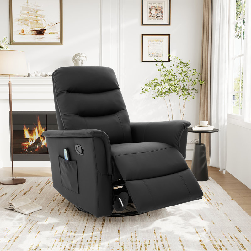  Fauteuil inclinable manuel berçant à bascule avec chaleur et poche latérale, cuir PU, noir, Noir