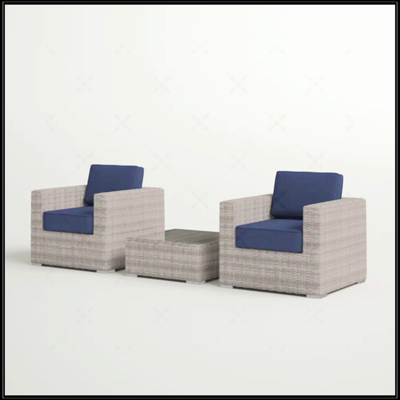 Ensemble de sièges confortables en osier de rotin entièrement assemblés pour deux, Coussin bleu / cadre gris clair