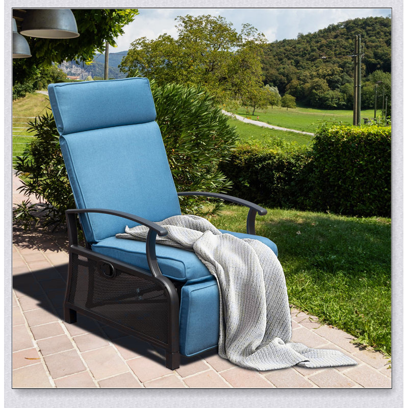 Adjustable Patio Recliner Chair Metal Outdoor Lounge Chair with Flip Table Push Back, Blue