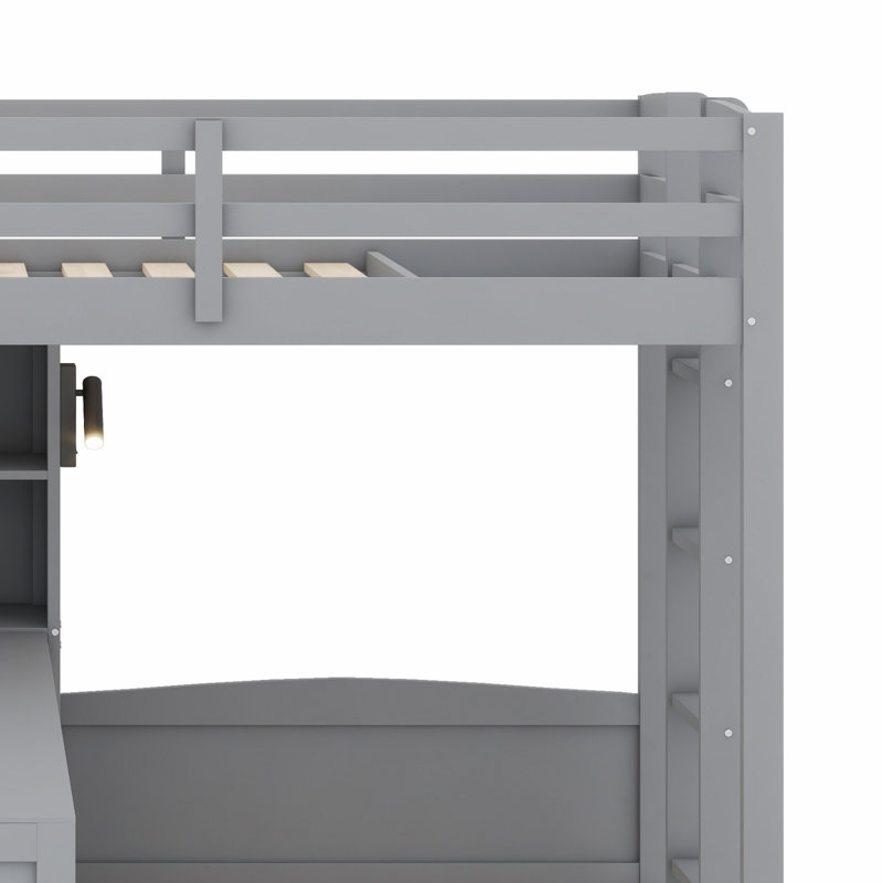 Lit superposé multifonctionnel en bois avec bureau, tablettes de rangement, lampe de lecture, Gris
