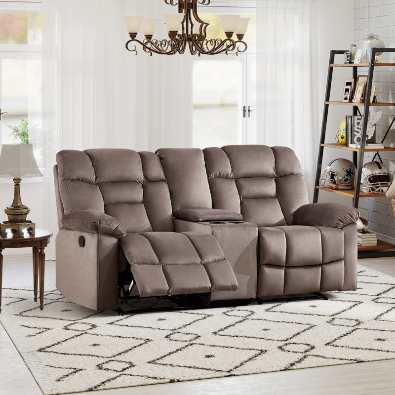 Canapé inclinable manuel moderne en microfibre avec console centrale et porte-gobelets, Brun moka
