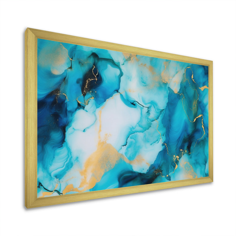 "Turquoise Luxury", reproduction d'art abstraite encadrée sur toile, H 24 po x l 32 po x P 1 po, Cadre doré à une seule photo