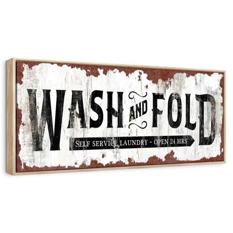Wash And Fold Old Wall Sign, Floating Frame Natural Wood, 43" X 15"