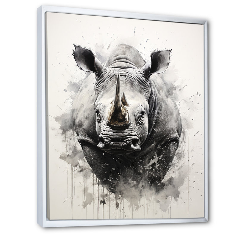 Mighty Stampede Rhinoceros I, reproduction d'art sur toile, Cadre flottant blanc, 40" H x 30" W