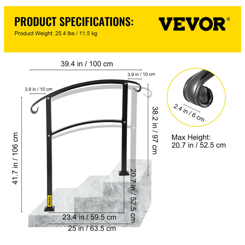 VEVOR Handrails for Outdoor Steps Adjustable Wrought Iron Handrails, 105.9cm H x 121.9cm W x 9.9cm D, Black