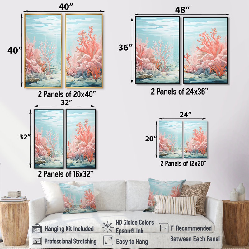 «Coastal Coral Beauty Under Water III» - art mural rose, H 20 po x l 24 po, Impression encadrée flottante, Doré