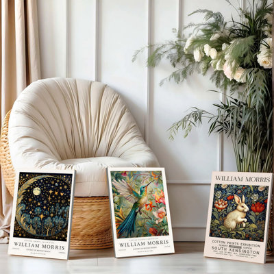 3PCS Wall Arts Posters Framed,  William Morris Inspired Canvas Wall Art Set of 3, Vintage Botanical & Celestial Prints, Hummingbird Rabbit Floral Decor for Living Room Bedroom, British Design Exhibition Posters, Aesthetic Home Decoration