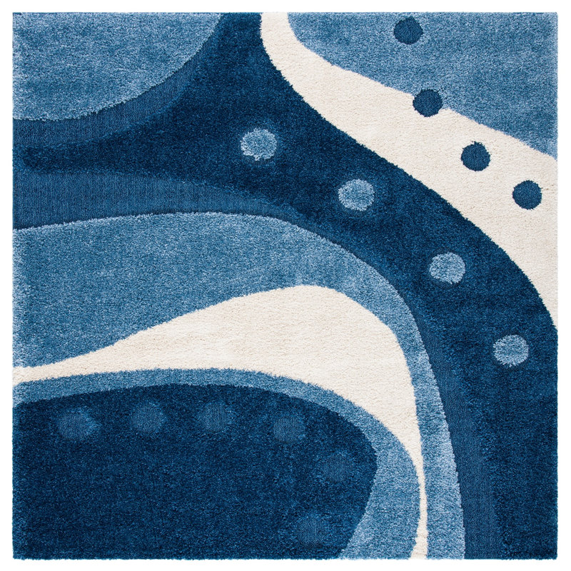 Ashal Abstract Black/Ivory Area Rug, Square 6'7", Dark Blue/Ivory