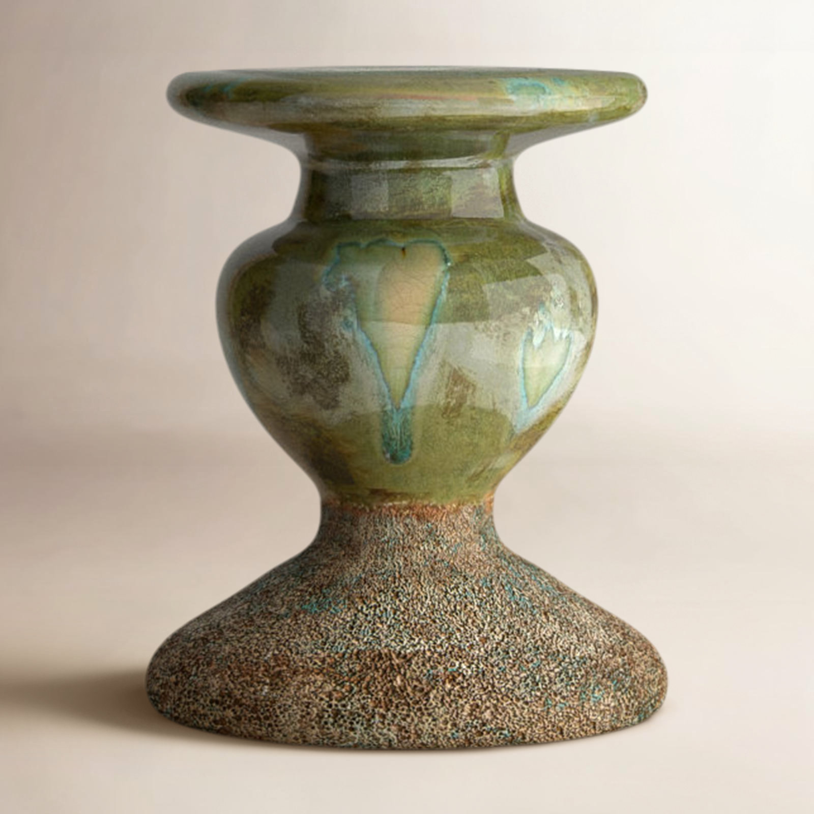 Waikiki Earthenware Tabletop Candlestick, Distressed Green, 6.5" H x 5.5" W x 5.5" D