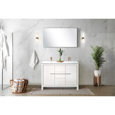 Meuble-lavabo double blanc 48 po L 20 po x P - Plateau en marbre de culture et robinet en or rose avec rangement à trois tiroirs et deux armoires à tablettes