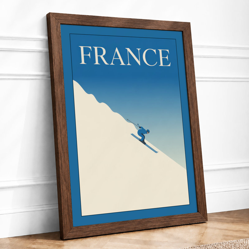 Skier on Alpine Slope Minimalist - Framed Print, Walnut, A3 - 42.0 x 29.7 cm