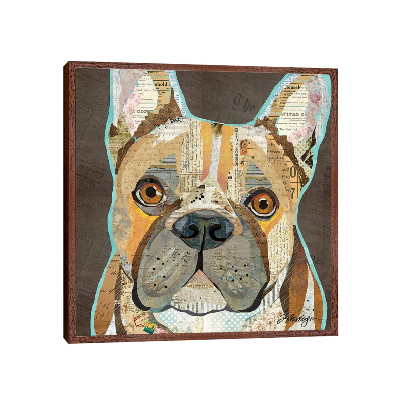 Collage French Bulldog by Traci Anderson - Painting on Canvas, Classic Brown Wood Framed, 93.98cm H x 93.98cm W x 3.81cm D