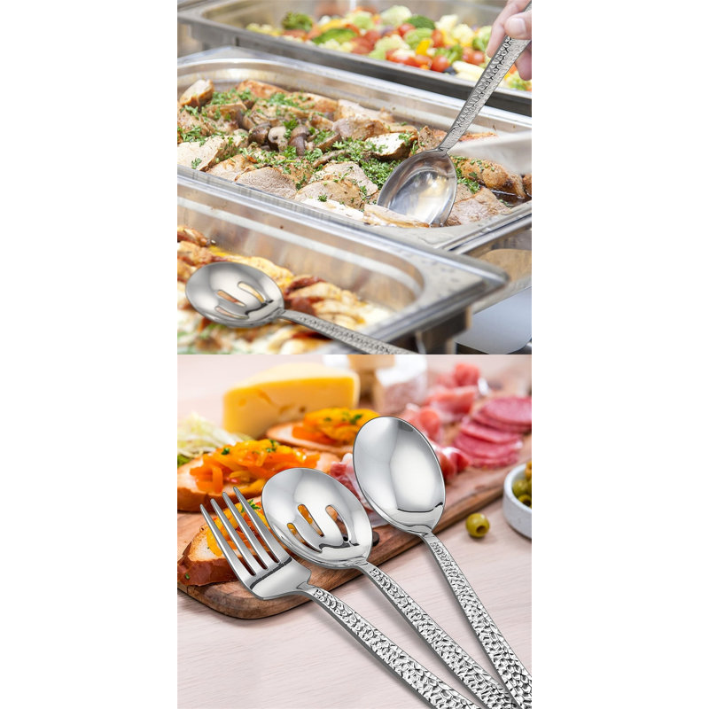 Ensemble de 4 cuillères de service en acier inoxydable martelé avec cuillères à fente et solides pour buffet