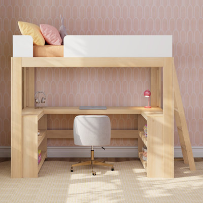 Mid-Century Modern Twin Loft Bed with Wraparound Desk and Shelves, Blonde/White