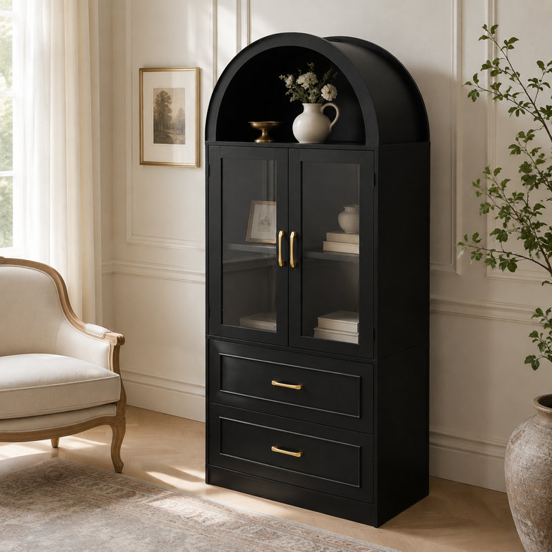 Armoire de rangement moderne et minimaliste à dessus arqué, portes en verre trempé, tablettes fixes, tiroirs, noire